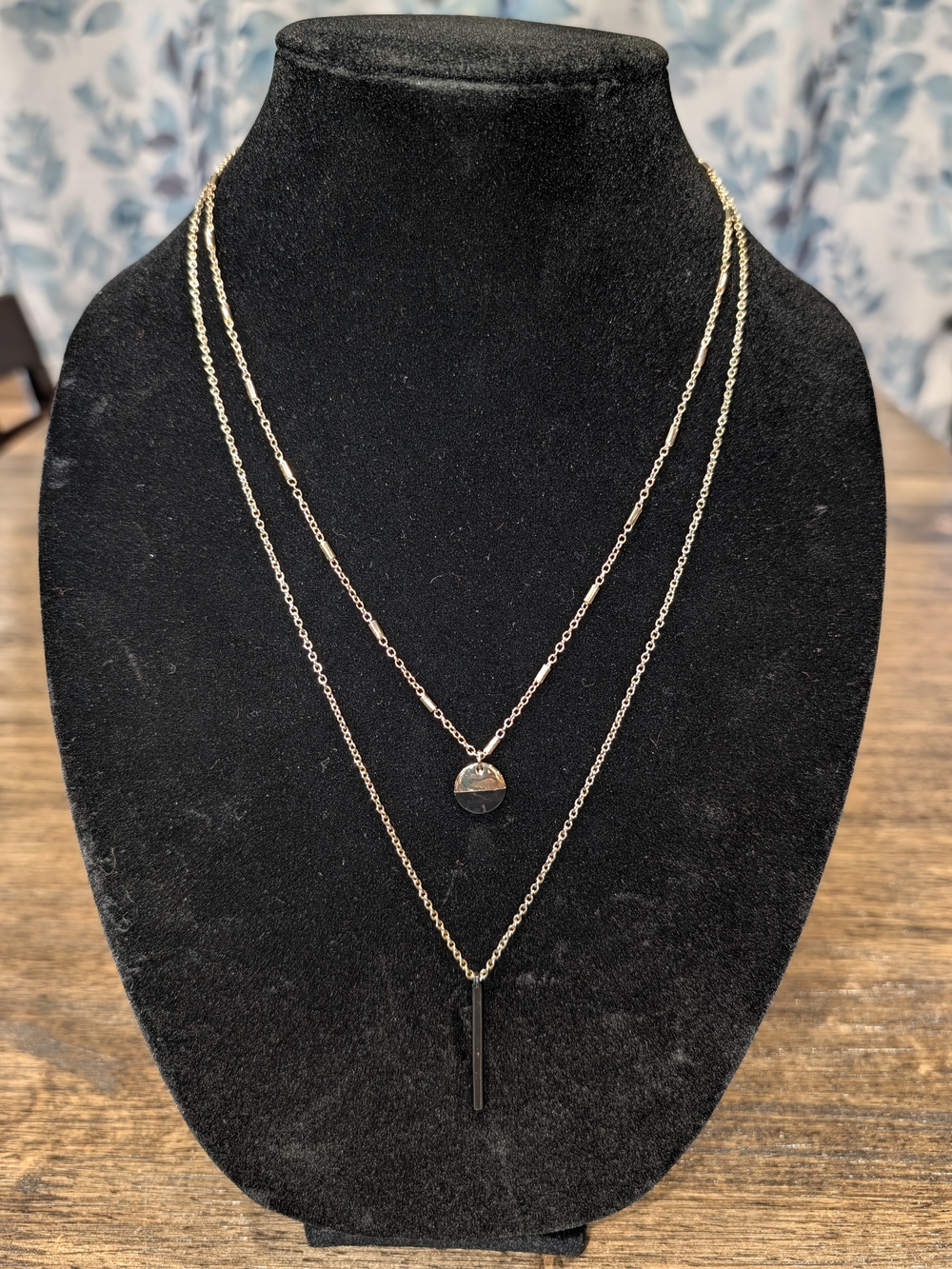 Nine West Gold & Black Layered Necklace with Disc and Bar Pendants